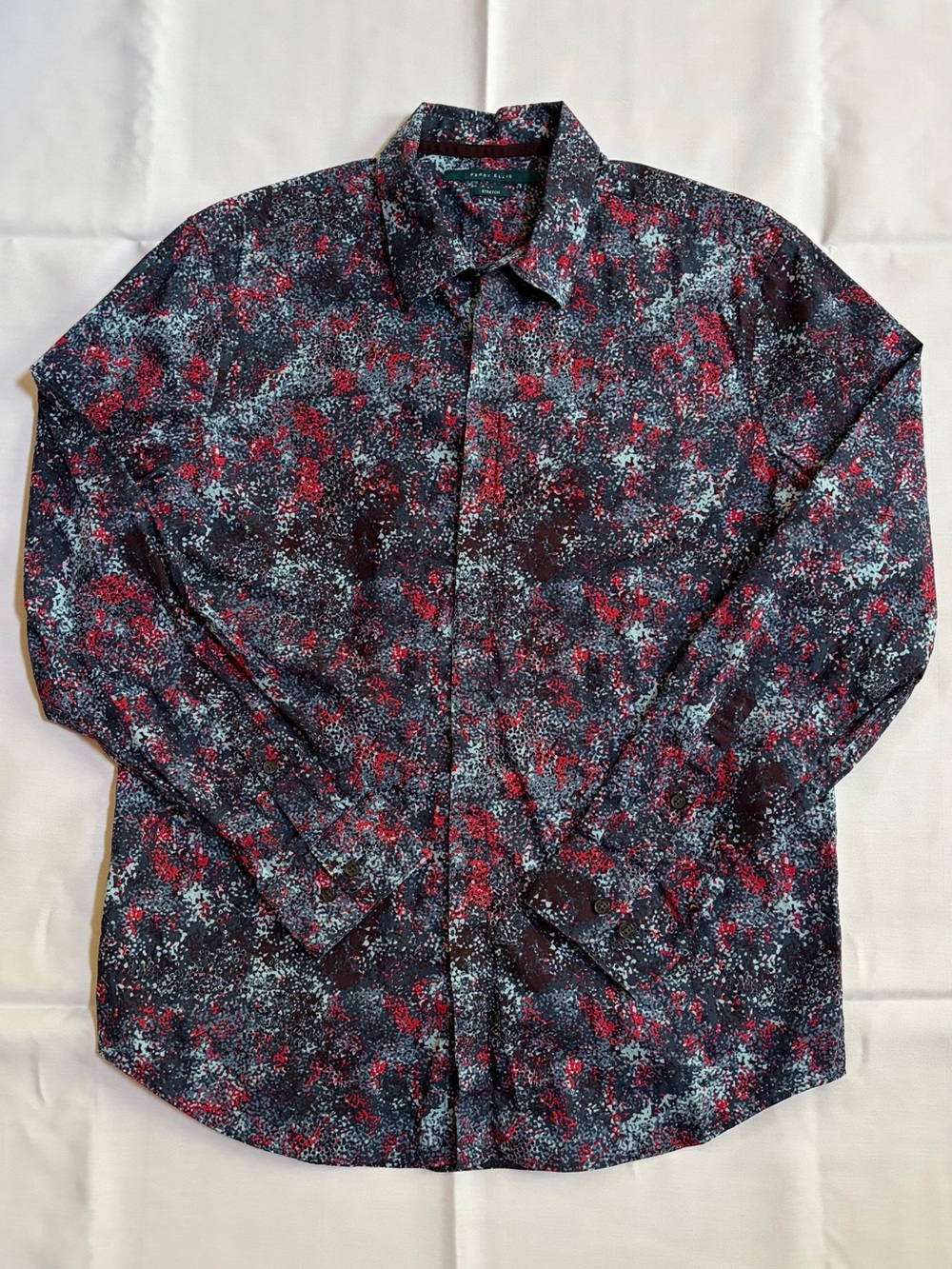 Perry Ellis Stretch Long Sleeve Button Up Shirt L Abstract Speckled  Red Blue